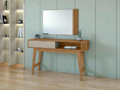 Recibidor con consola de madera y espejo decorativo. Recibidor elegante con espejo grande y consola de madera con cajón con fondo verde pastel..