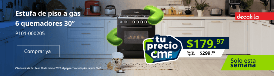 Estufa de piso a gas Decakila 6 quemadores 30", código P101-000205 a $179.97 con tarjeta CMF. Oferta válida del 14 al 20 de marzo. Comprar ya