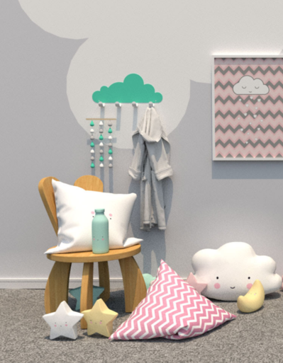 Decorado infantil con objetos como una silla, una percha en forma de nube y almohadas, de tonos pasteles.