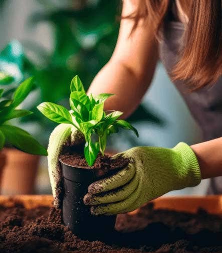 Persona con guantes de jardinería trasplantando una planta en maceta.