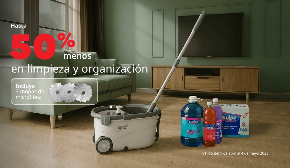 Promoción de productos de limpieza y organización: hasta 50% de descuento. Trapeador Geof Deluxe Spin and Mop con 3 mopas de microfibra. Oferta válida del 1 de abril al 4 de mayo de 2025.