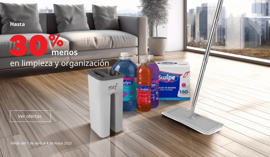 Promoción de productos de limpieza y organización: hasta 50% de descuento. Trapeador Geof Deluxe Spin and Mop con 3 mopas de microfibra. Oferta válida del 1 de abril al 4 de mayo de 2025.