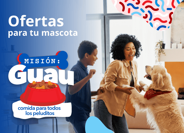Imagen de familia con perro, promoción Misión Guau: Ofertas para tu mascota.