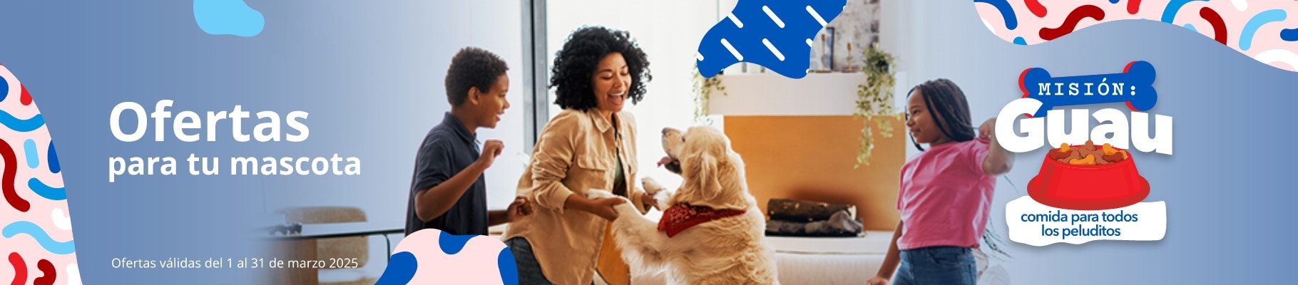 Imagen de familia con perro, promoción Misión Guau: Ofertas para tu mascota.