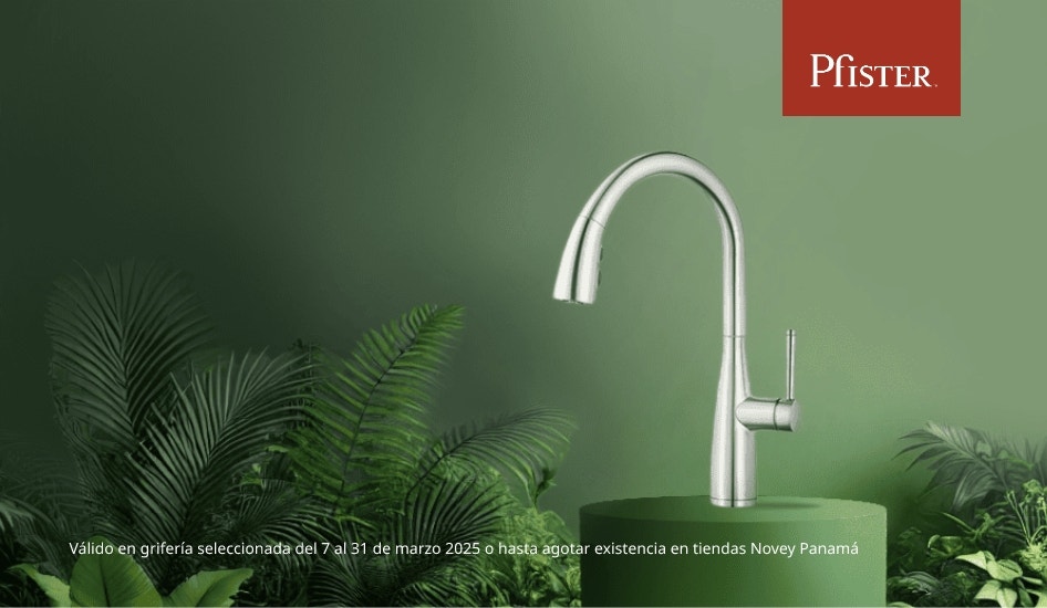 Promoción de grifería ecoamigable Pfister en Novey por el día del agua. 30% de descuento. Válido del 7 al 31 de marzo de 2025. Diseño moderno en cromo
