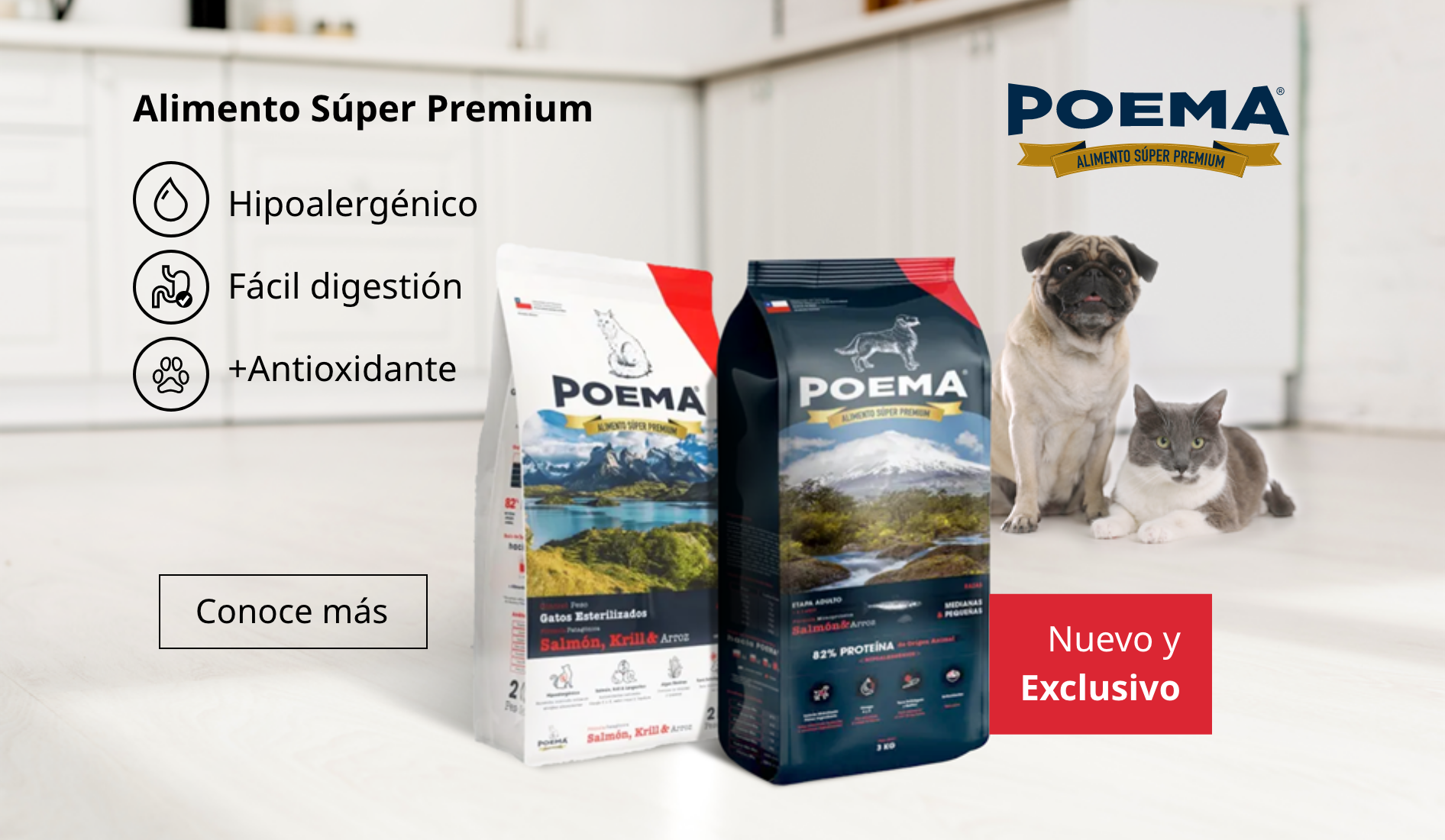 Alimento súper premium Poema para mascotas: hipoalergénico, fácil digestión, con antioxidantes. Conoce más.